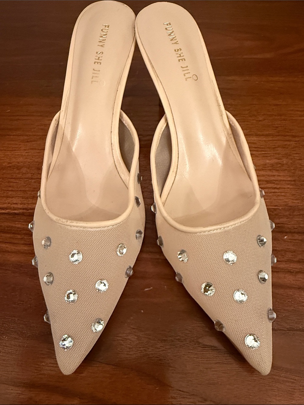 Nude Crystal-Embellished Pointed Mules